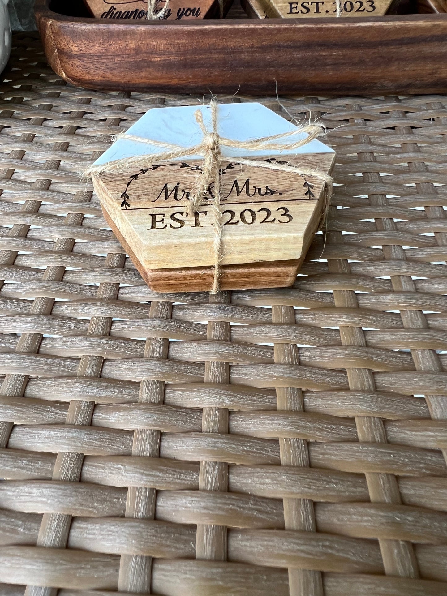 Mr. And Mrs. Est. 2024 Wood and Marble Coasters 2 Pack Round