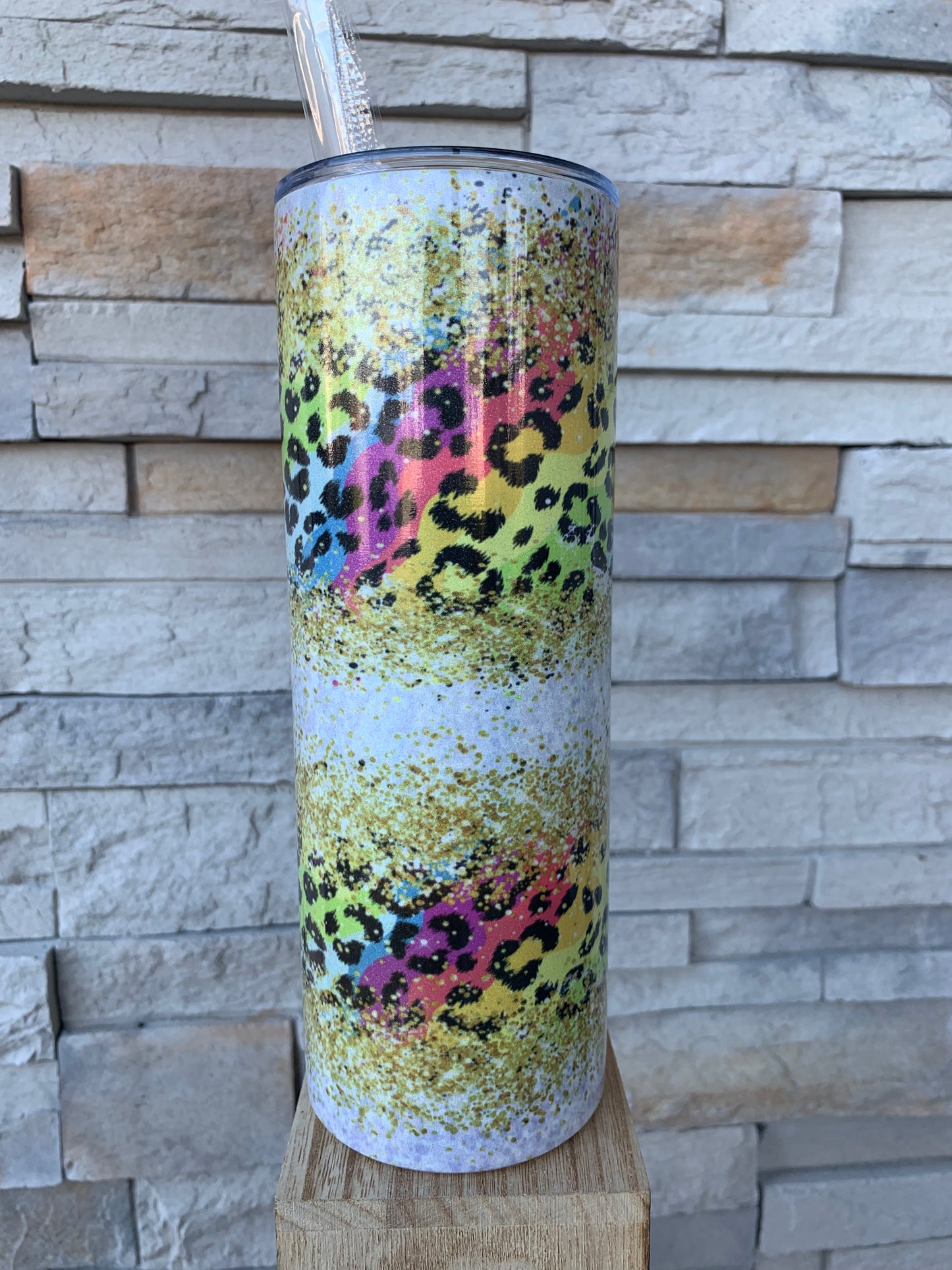 Multicolored Leopard Print Shimmer 20oz Skinny Sublimation Tumbler
