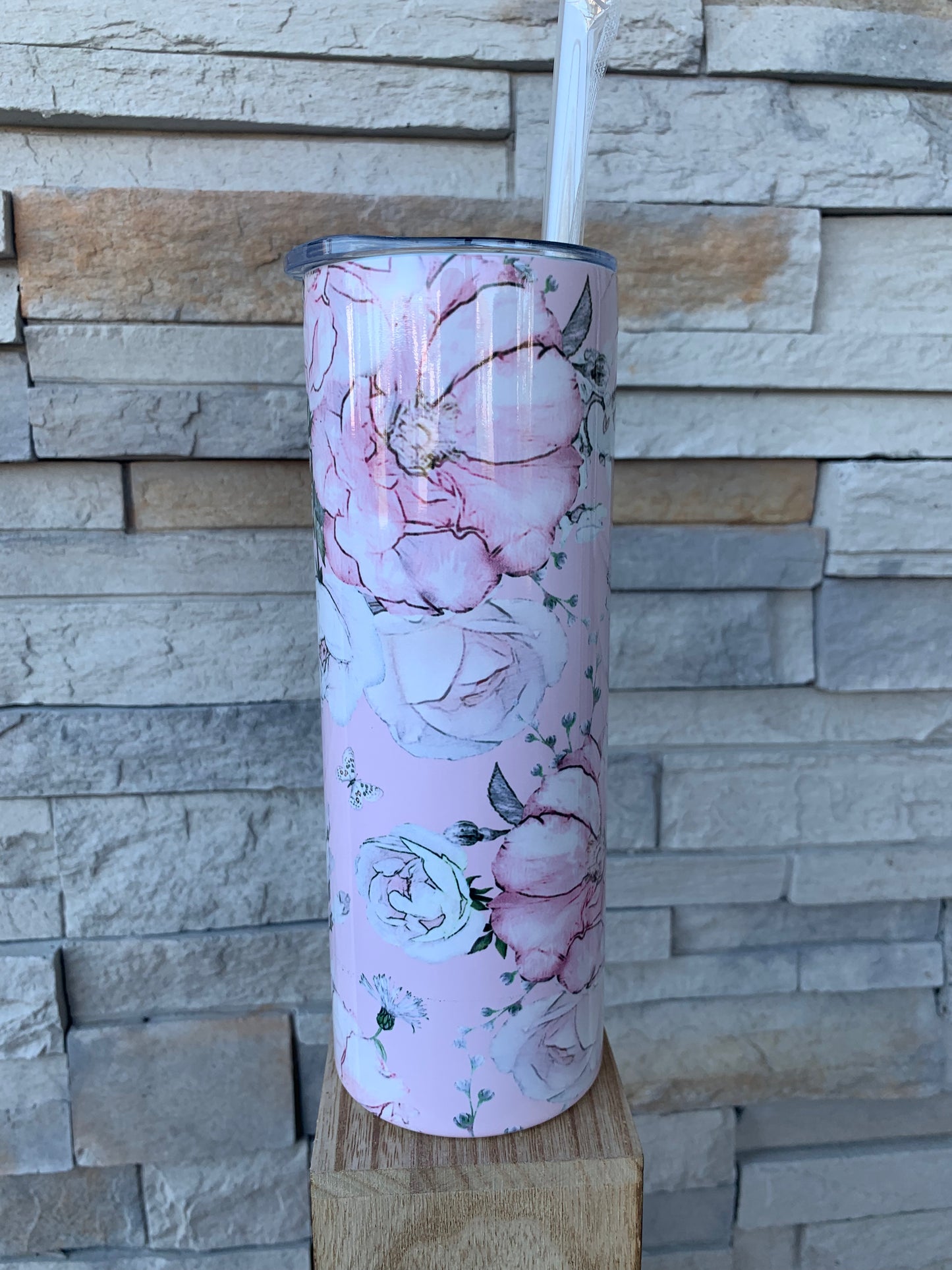 Pink Floral Print 20oz Skinny Sublimation Tumbler