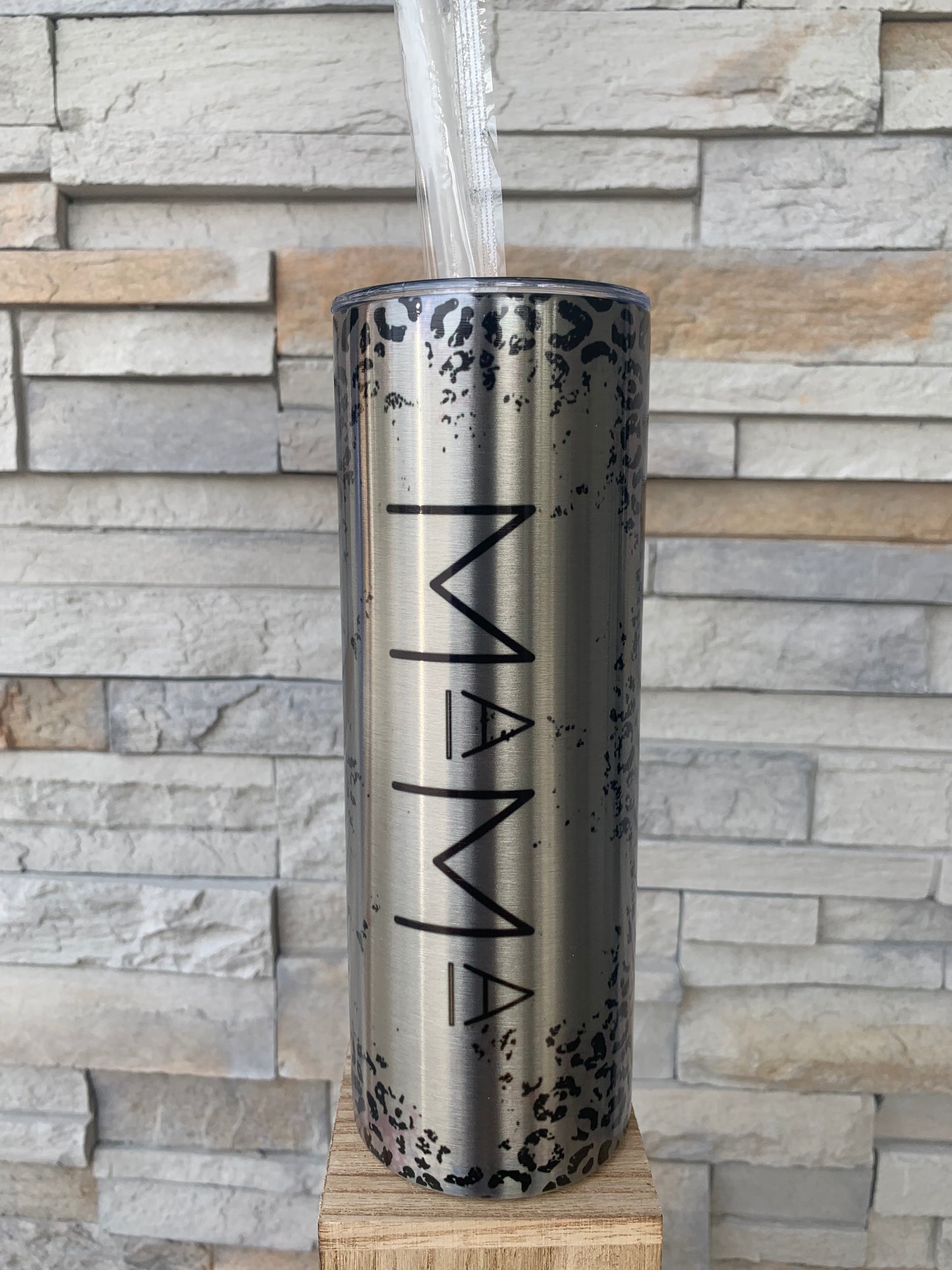 Silver Watercolor Leopard Print Mama 20oz Skinny Tumbler