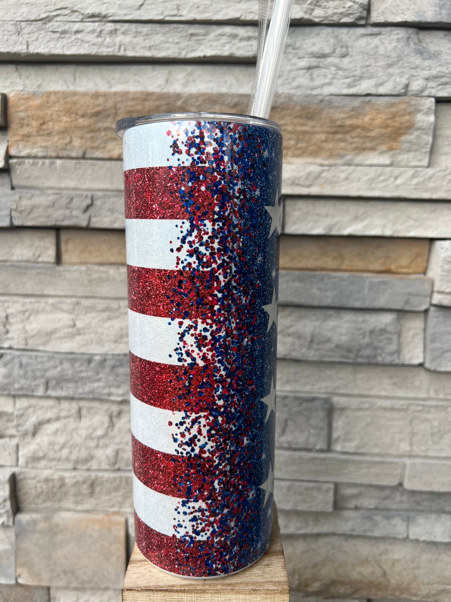 Shimmery Glitter American Flag 20oz Skinny Sublimation Tumbler