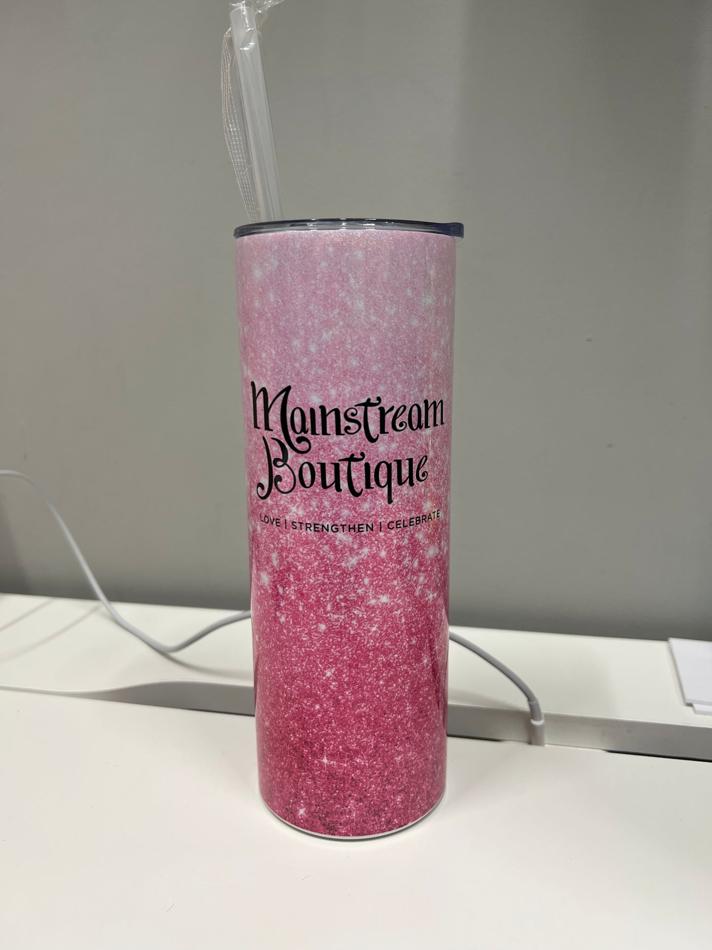 Custom Pink Logo Shimmer 20oz Skinny Sublimation Tumbler