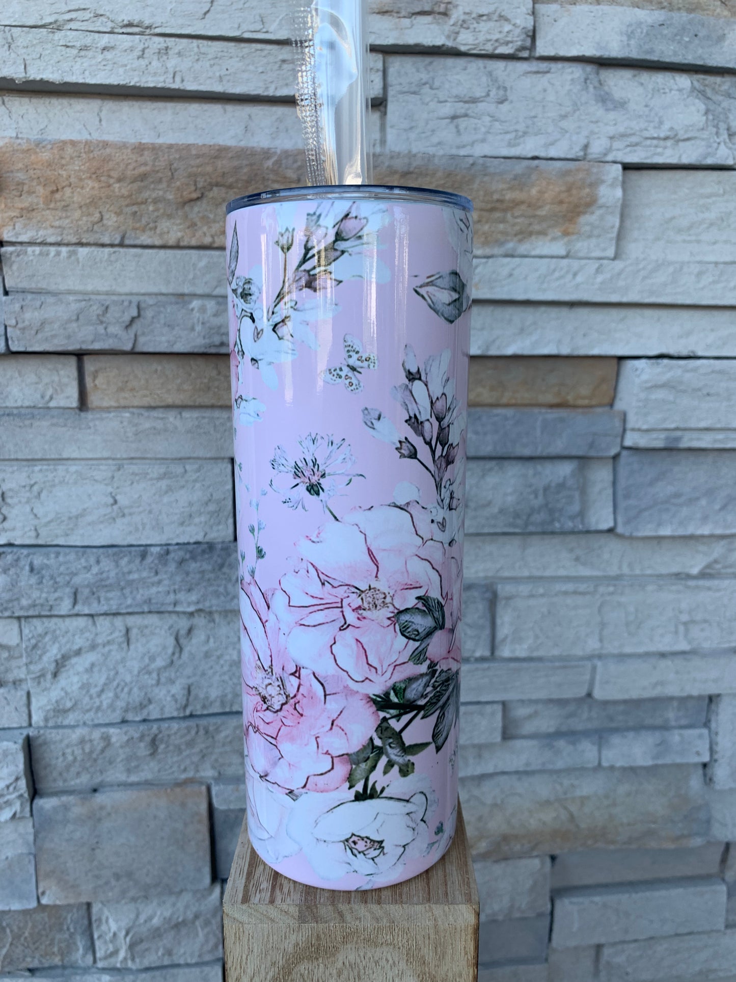 Pink Floral Print 20oz Skinny Sublimation Tumbler