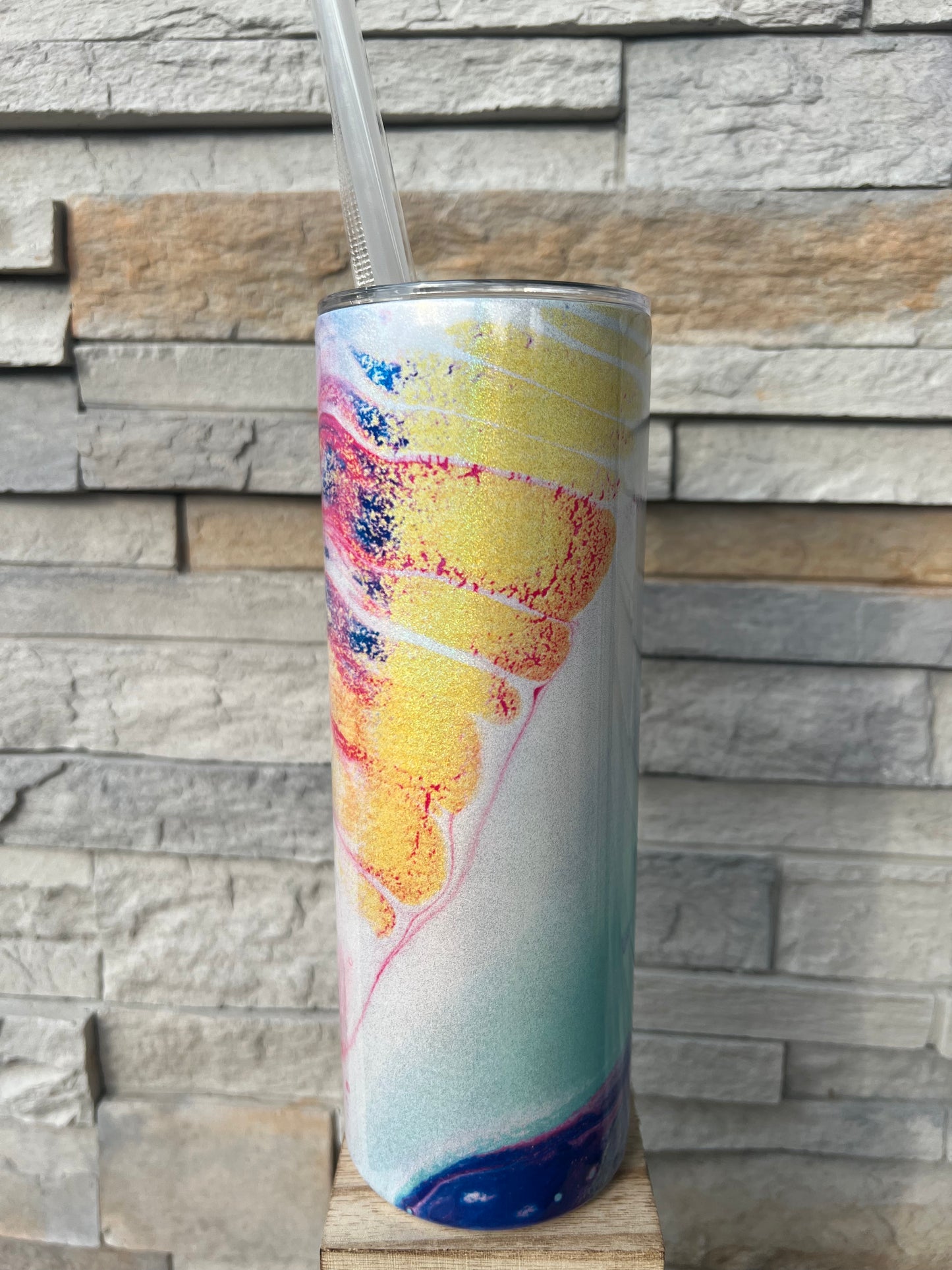 Gold, Blue, Pink Paint Swish Shimmer 20oz Skinny Sublimation Tumbler