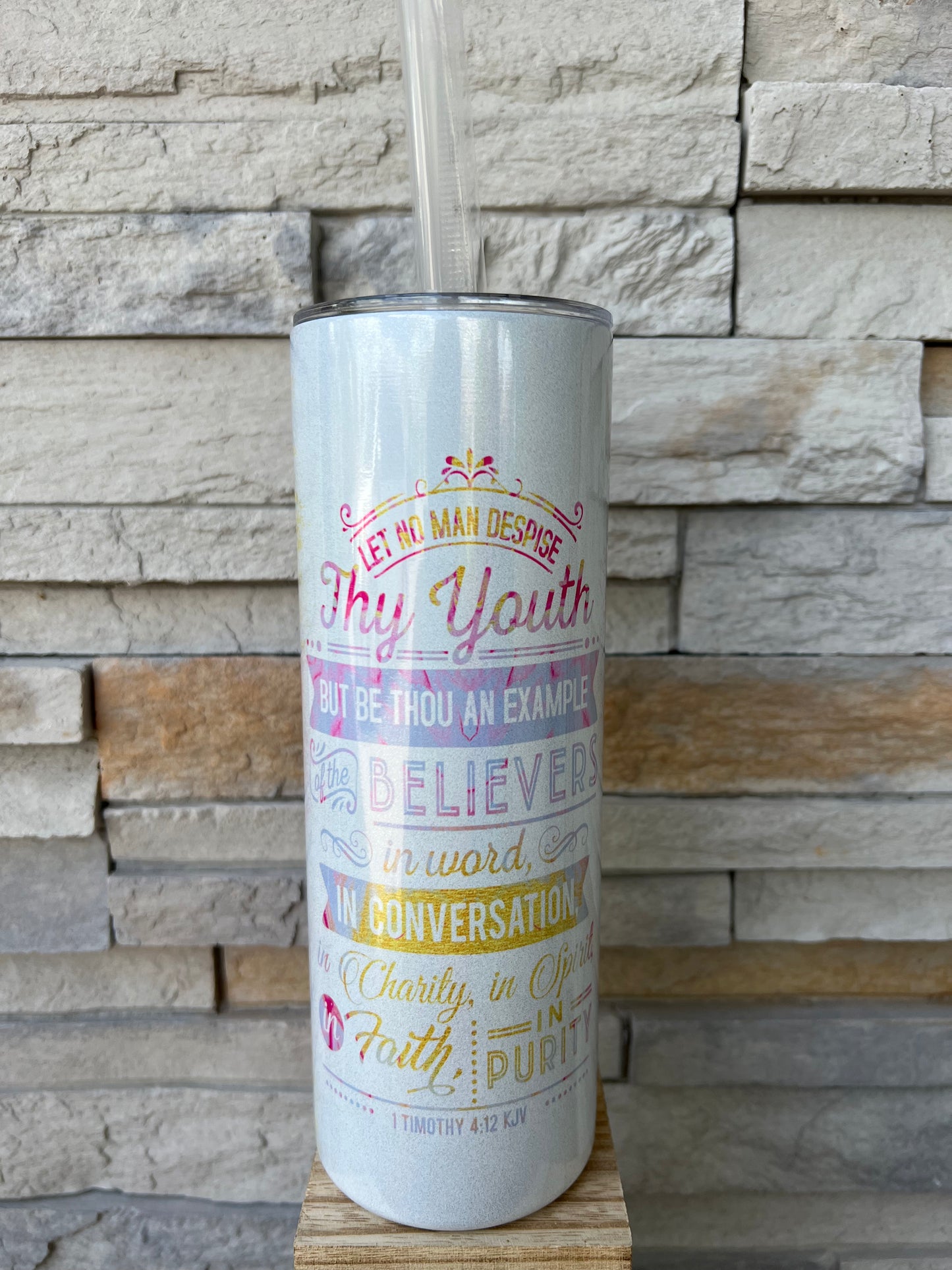 Timothy 4:12 Faith Shimmer 20oz Skinny Sublimation Tumbler