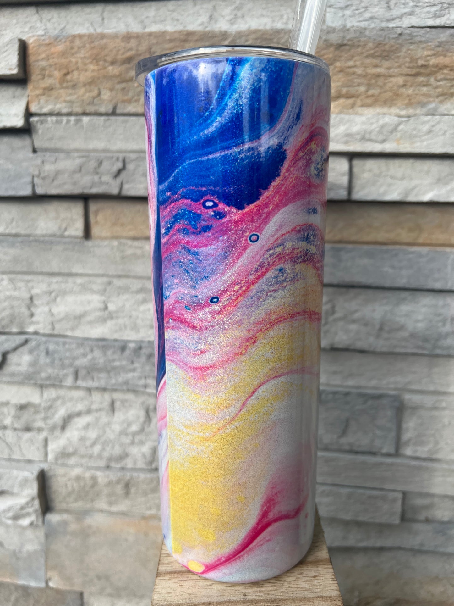 Gold, Blue, Pink Paint Swish Shimmer 20oz Skinny Sublimation Tumbler