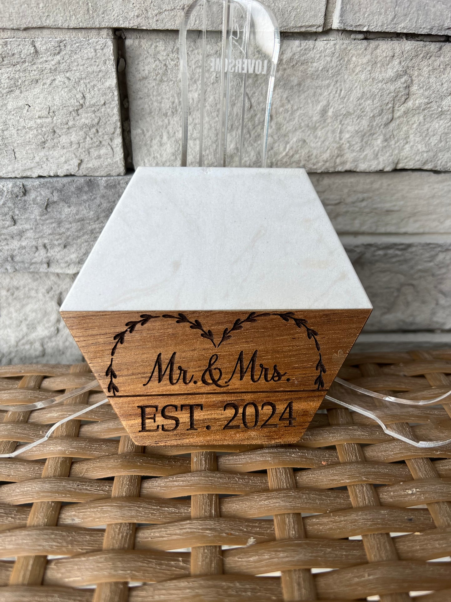 Mr. And Mrs. Est. 2024 Wood and Marble Coasters 2 Pack Round