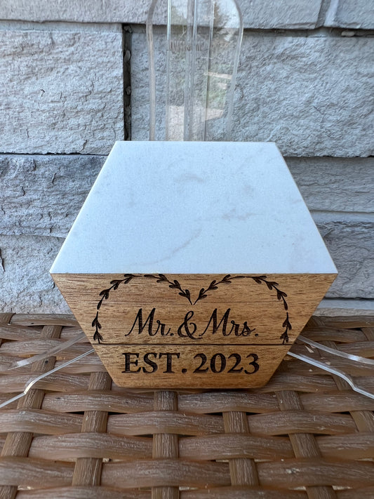 Mr. And Mrs. Est. 2023 Wood and Marble Coasters 2 Pack Round