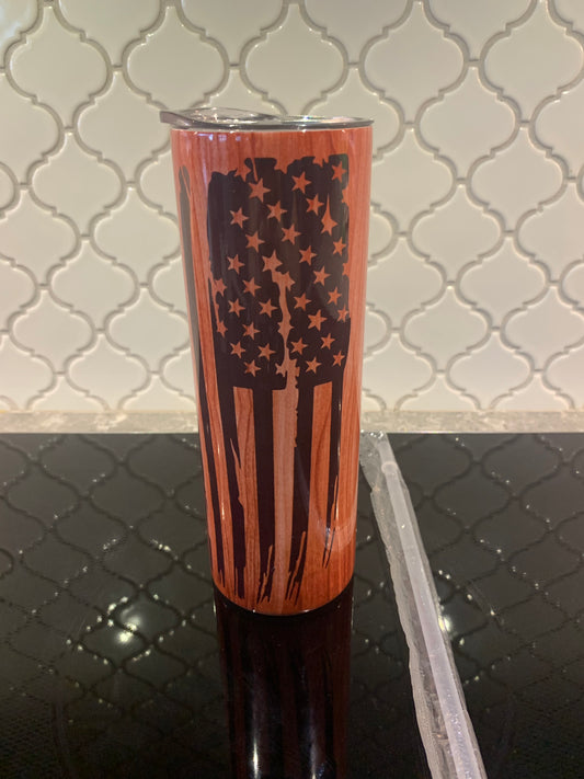 Distressed USA Flag Woodgrain 20oz Skinny Sublimation Tumbler