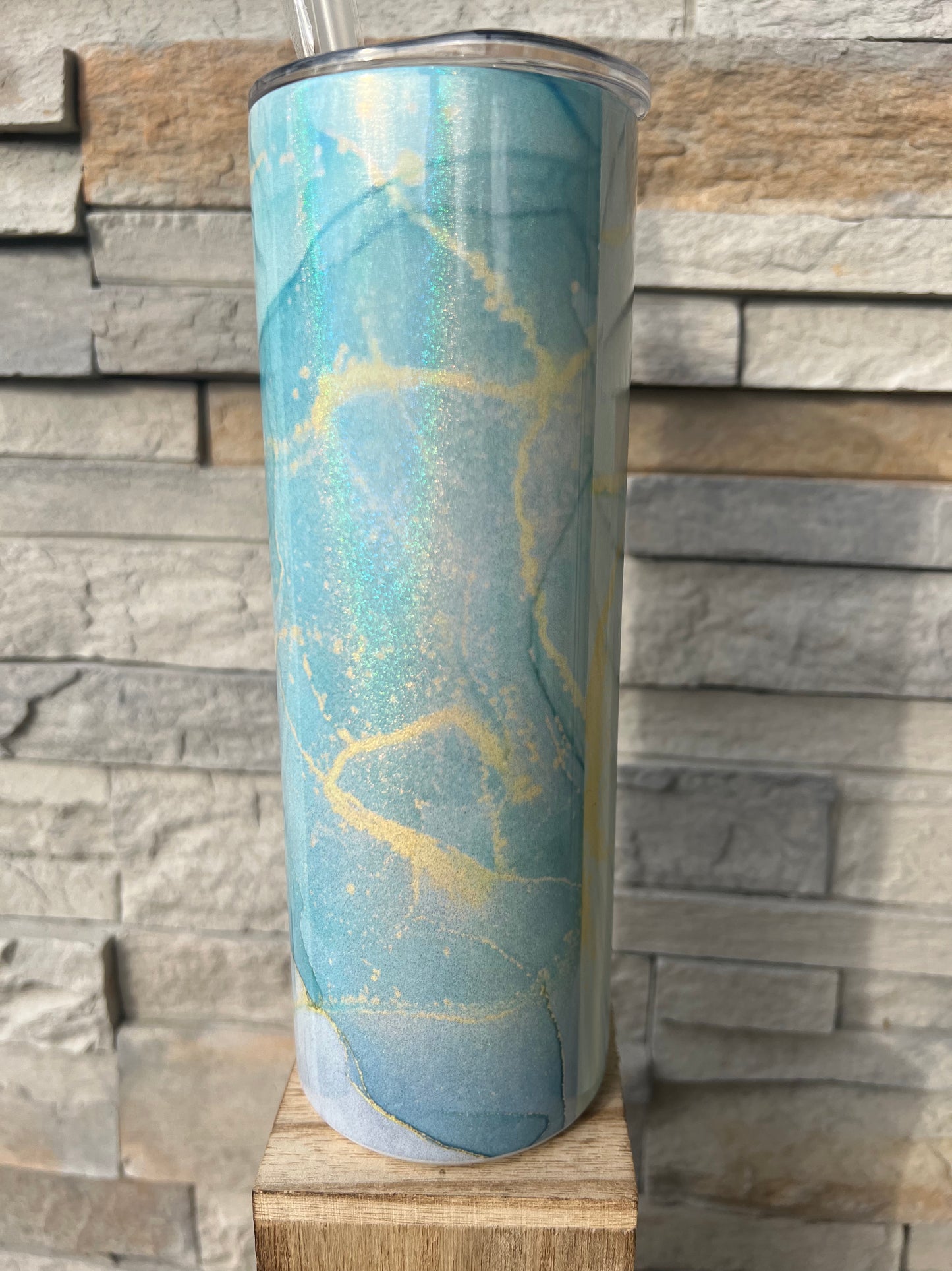 Blue, Gold Marbled Shimmer 20oz Skinny Sublimation Tumbler