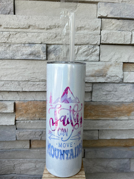 Faith Can Move Mountains Shimmer 20oz Skinny Sublimation Tumbler