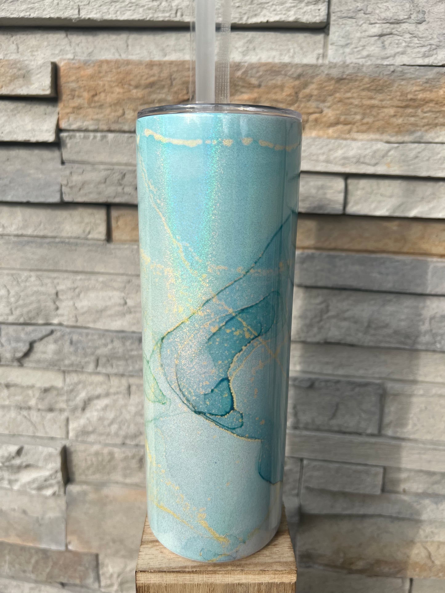 Blue, Gold Marbled Shimmer 20oz Skinny Sublimation Tumbler