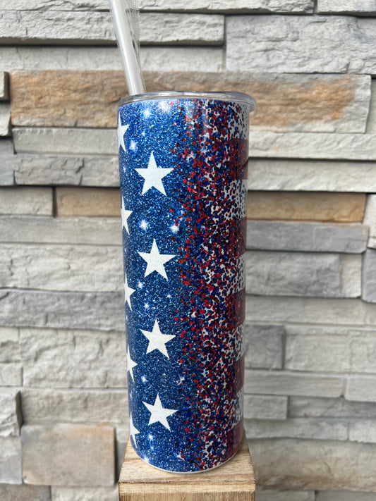 Shimmery Glitter American Flag 20oz Skinny Sublimation Tumbler