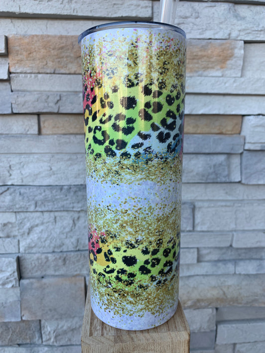 Multicolored Leopard Print Shimmer 20oz Skinny Sublimation Tumbler